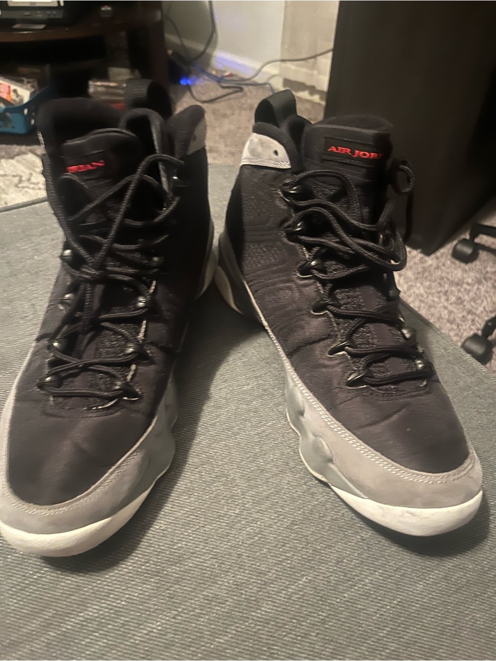 Nike Air Jordan Men’s Black and Gray High-Top Sneakers with Red Logo